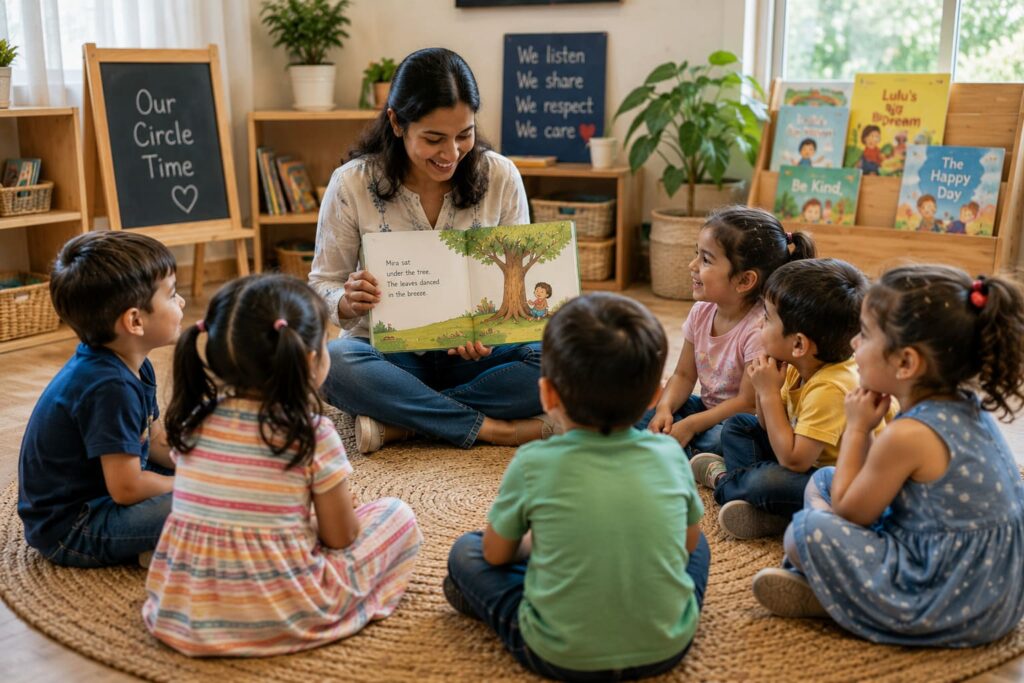 teacher telling story to children