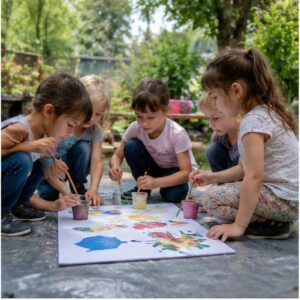 group of children making art in playground
