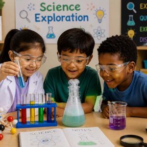 two boys and a girl soing science experiment